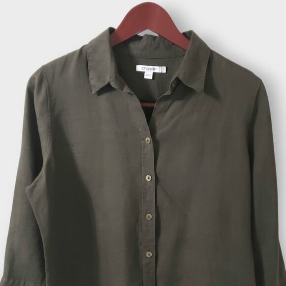 Chico's Dark Green 100% Linen Button Up Shirt Sz 6 Small Career Contemporary - Picture 2 of 12